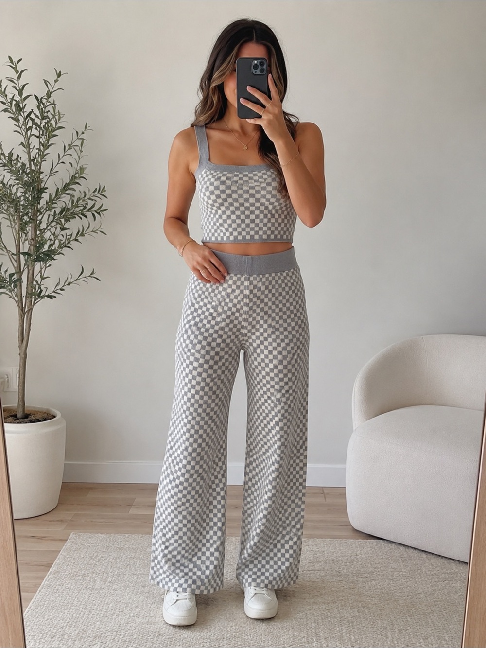 Rylee + Cru Slate Grey Checkered Knit Wide-Leg Pants and crop tank set knit S